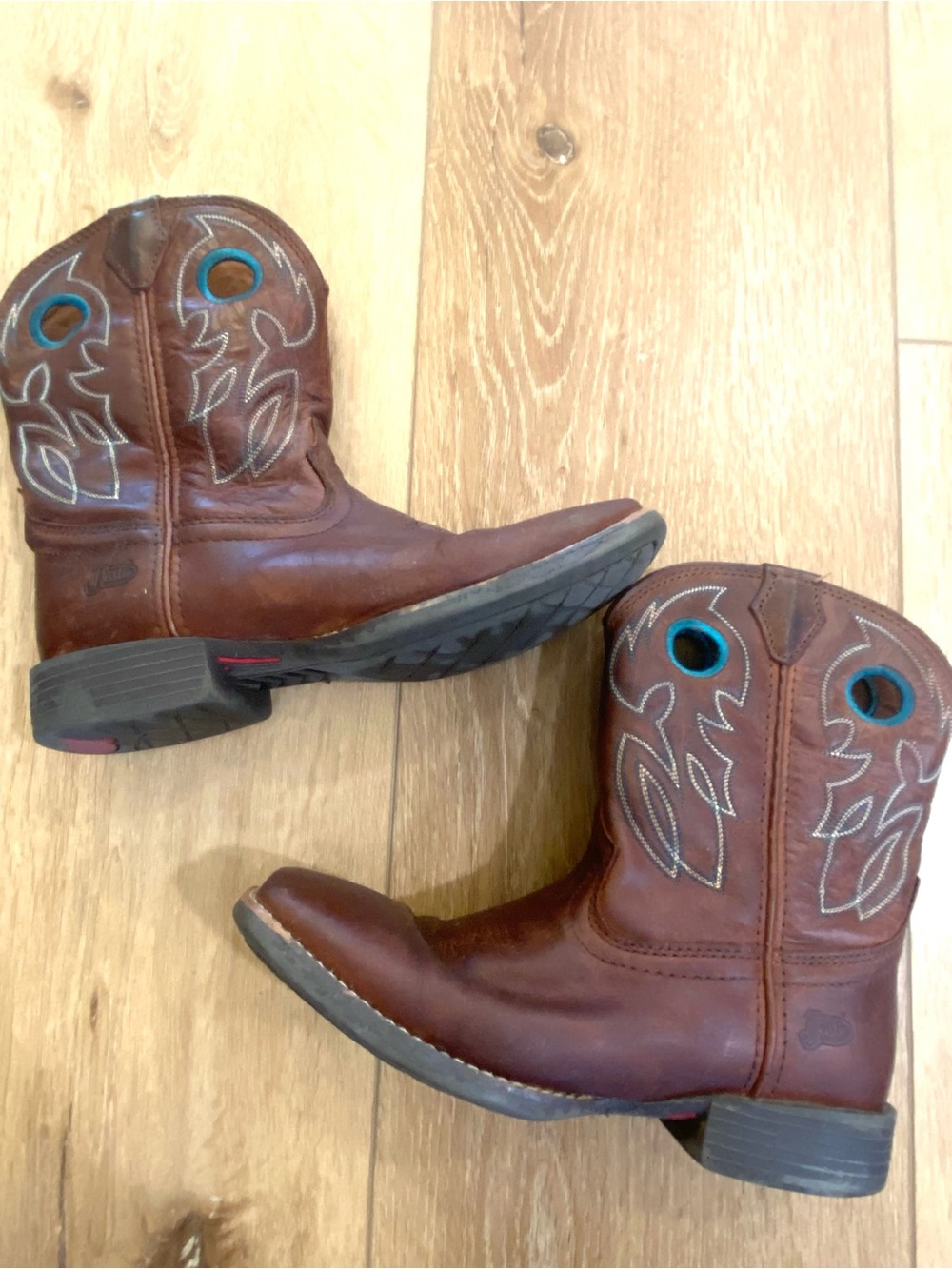 Justin Boots Size 5 Youth Brown Leather Western Boots Blue Pull Holes Rodeo